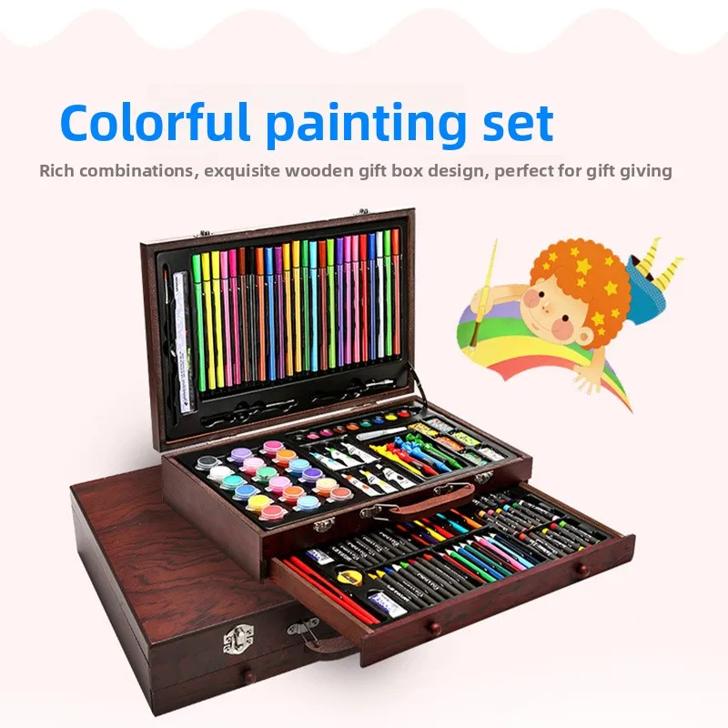 130 Piece Kids Art Set in Wooden Gift Box with Washable Watercolor Pens Crayons Colored Pencils and Oil Pastels Drawing Kit for