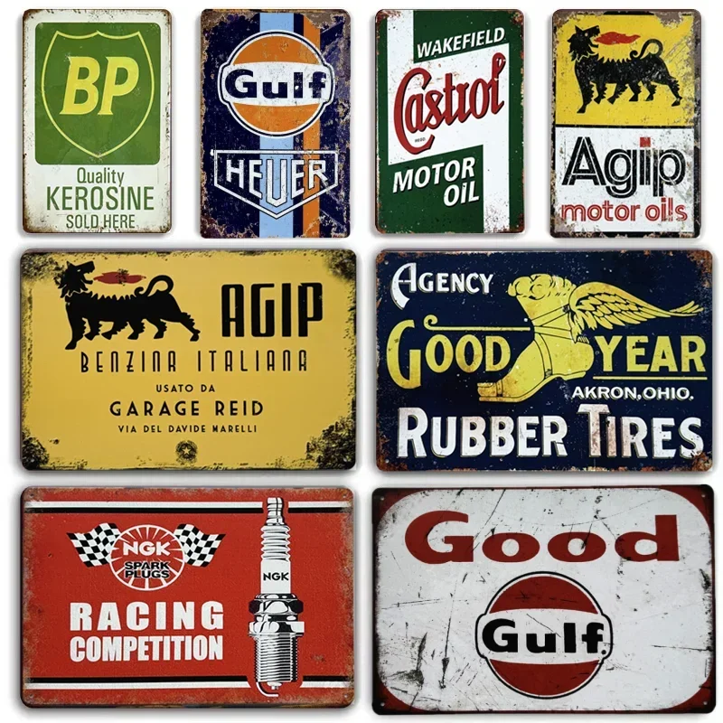 Vintage Metal Tin Signs Agip Ngk Motor Oil Gas Racing Art Posters Plates Garage Home Wall Decor Man Cave