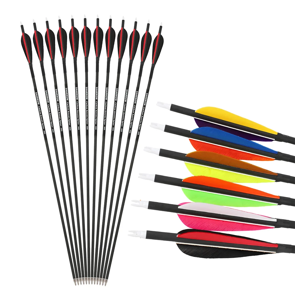 

6/12 шт. 30-дюймовые карбоновые стрелы, спайн 500, 4-дюймовые оперения из перьев индейки, 100 гран, со съемными наконечниками, для охоты и стрельбы из блочных и традиционных луков