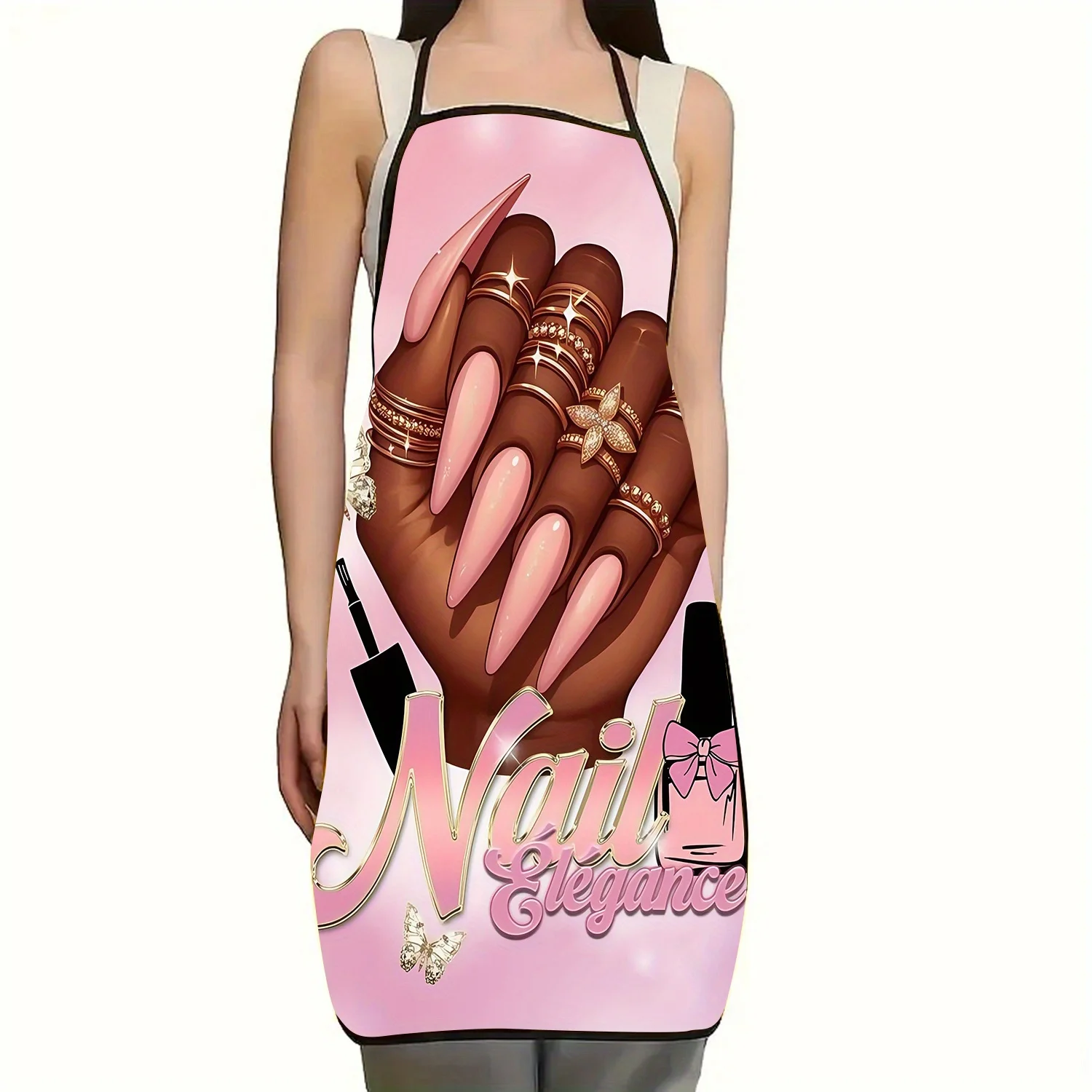 1pc Nail Salon Theme Printed Apron, Polyester Kitchen Cooking Apron with Pink Background and Golden Accents, Stylish