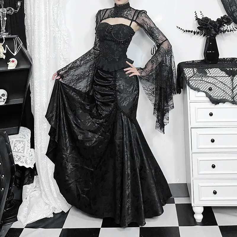 

Goth Elegant Fashion Party Gown High Waist Lace Stitch Mermaid Skirt Female Sexy Pleated Bodycon Skirts Gothic Streetwear