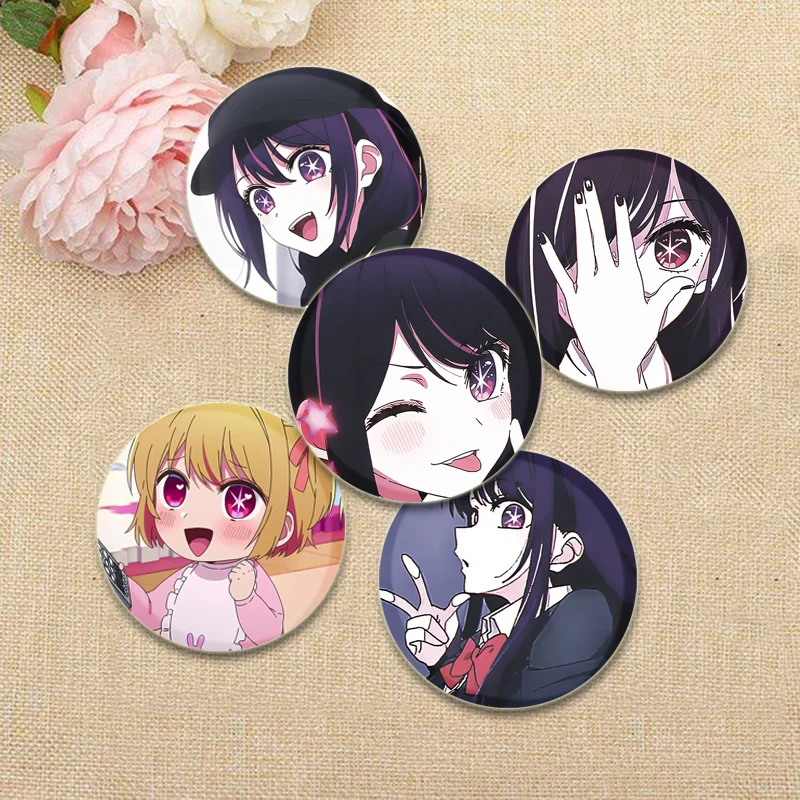 HD Print Brooches Oshi No Ko Ai Hoshino Ruby Hoshino Akane Kurokawa Cartoon Badge Round Display Lapel Pins Bag Accessories Gifts