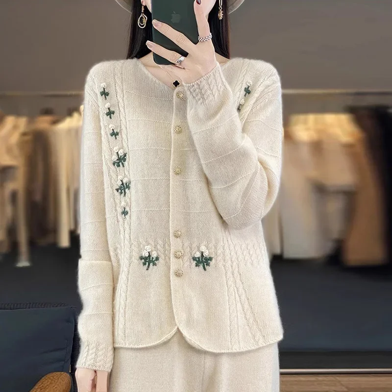 Autumn Winter New Wool Cardigan Women Knitted Sweaters Korean Fashion Loose Cashmere Jackets Chic Embroidery Knitwear Tops