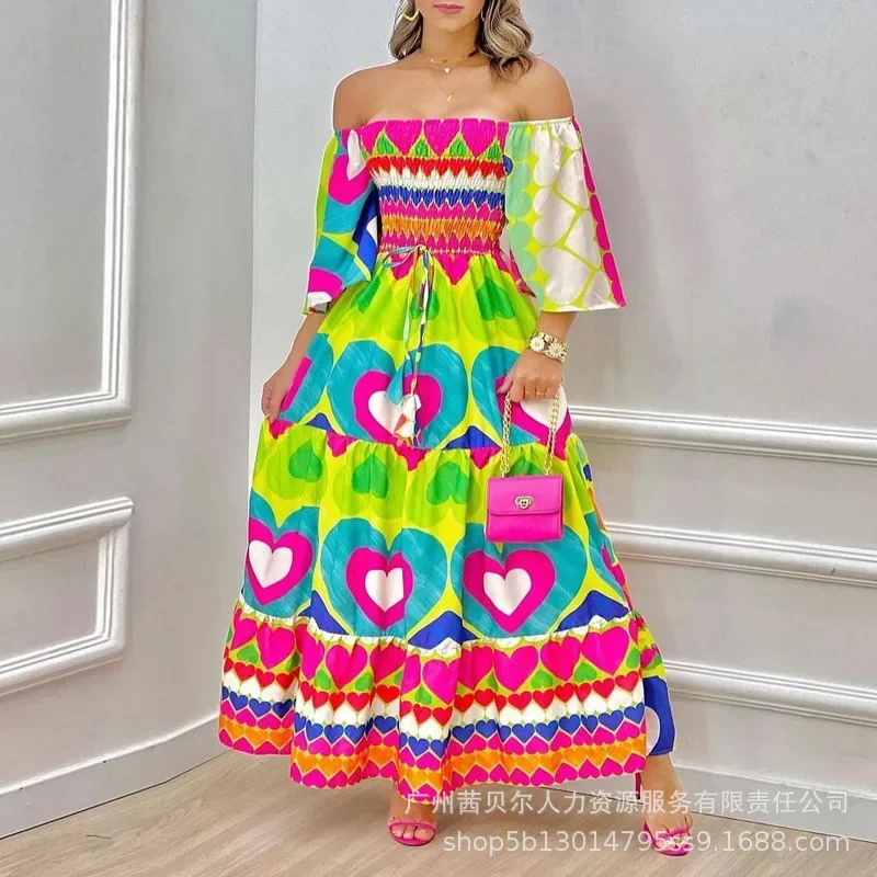 

Multi-Color Abstract Heart Print Sleeveless Maxi Dress Off Shouler Slash Neck Dress Women Summer Long Dresses Tight Waist 2023