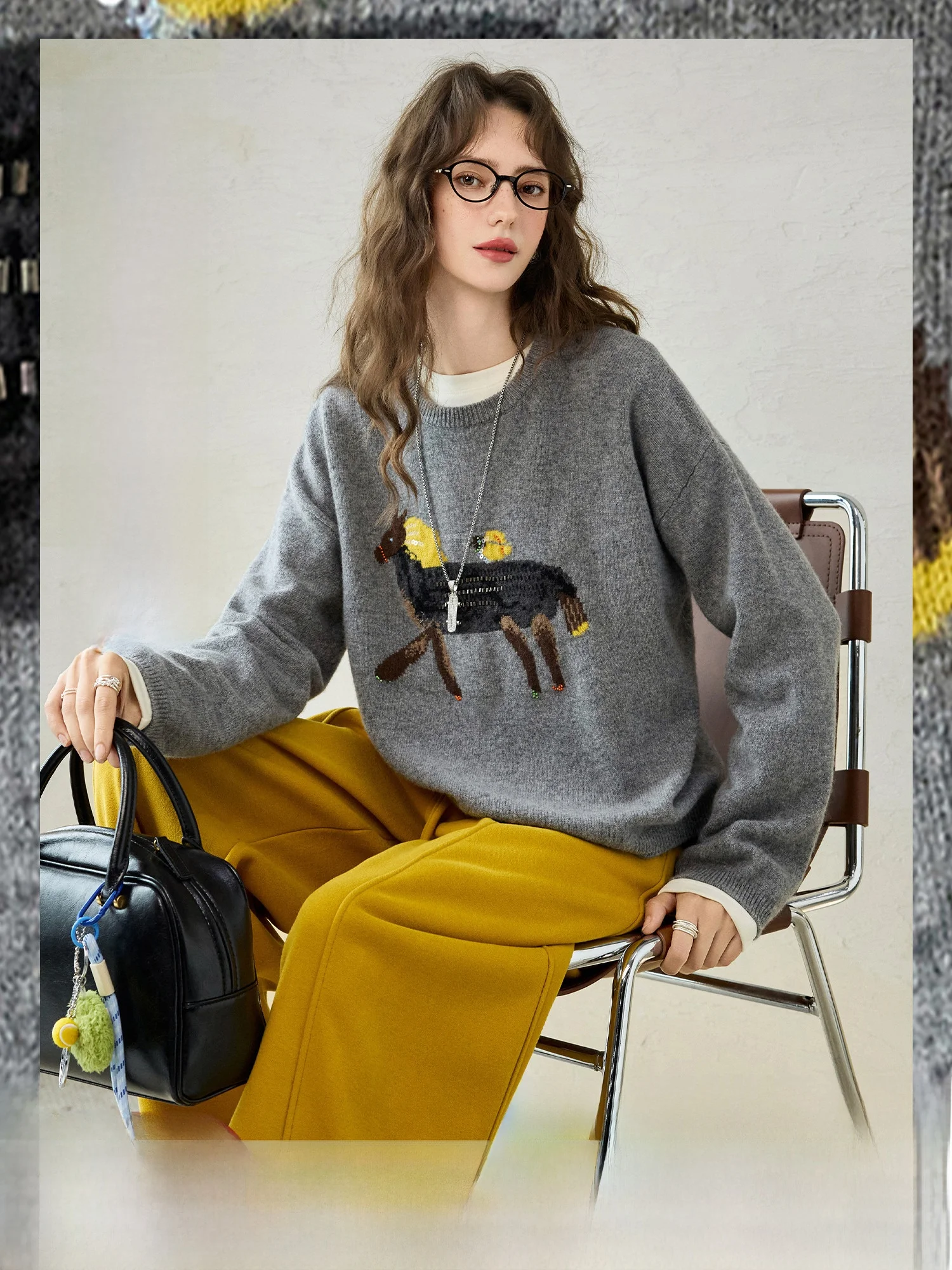 

Вязаный свитер NAGUAGU Pumpkin Valley Fem с мультяшными бусинами, круглым вырезом, цветными блоками, зимний, шерстяной, с длинными рукавами, теплый топ