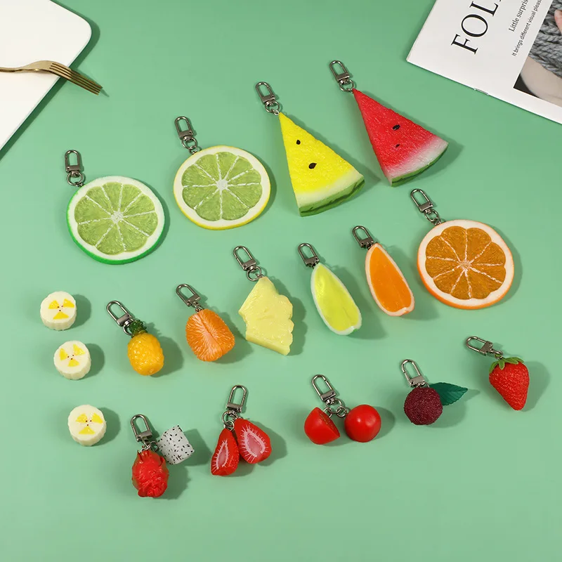 Simulation Fruit Key Chain Bayberry Lemon Slice Food Model Funny Strawberry Watermelon Car Key Chain Bag Pendant Jewelry Gift