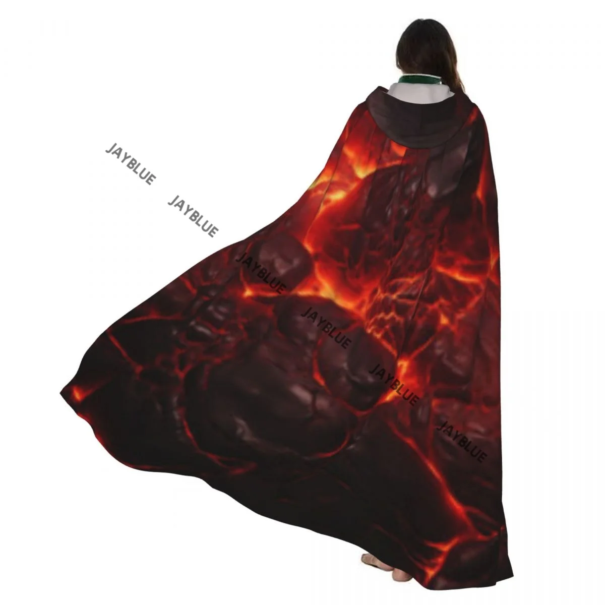 Cape à capuche volcanique avec motif de feu et de lave, en polyester, unisexe, accessoire de costume de sorcière