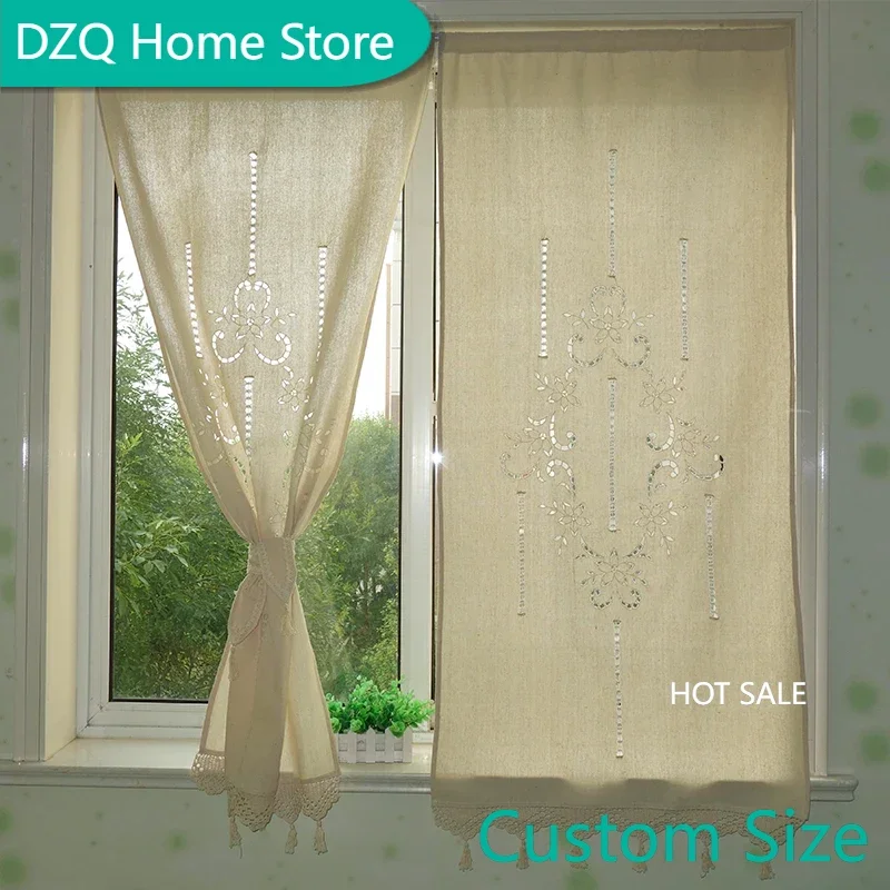 

Kitchen Short Blinds Handmade Pastoral Cotton Curtains with tassels Crochet Hollow Out Beige Cortinas Shower Curtain for Cafe