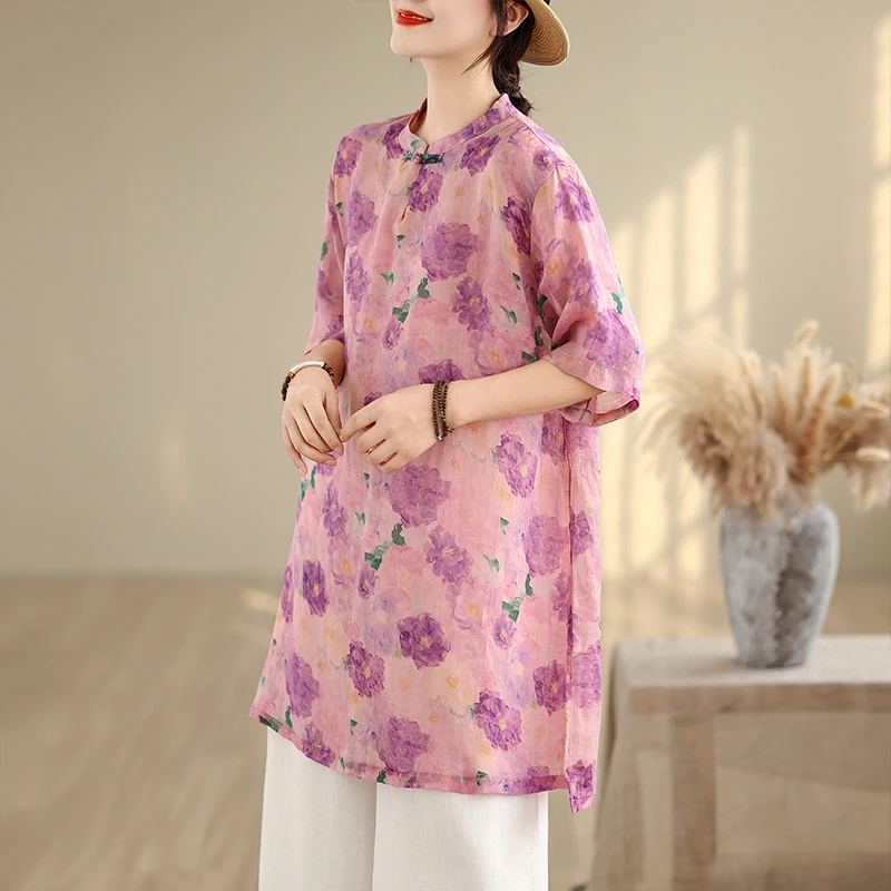 Camicetta da donna cinese di media lunghezza con stampa floreale casual, colletto rialzato, tendenza nazionale artistica, fibra di poliestere, ort...