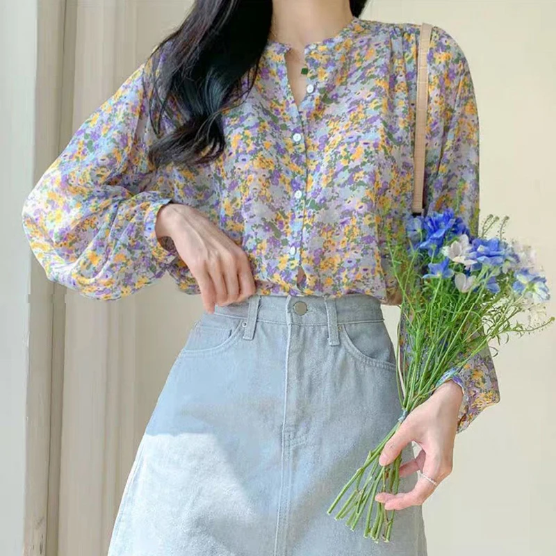 Women Elegant Floral Print Blouse Chiffon Elegant Long-Sleeve Casual Shirt V Neck Loose Korean Office Lady Chic Design Retro Top