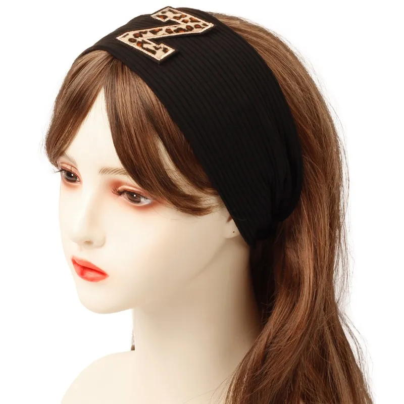 Women Spring Autumn Solid Color Soft Elasticity Headband Female Fashion Ribbing Headwear With Leopard Letters Hairband Turban