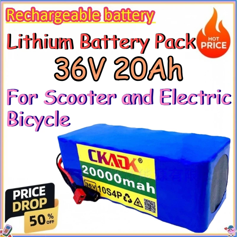 36V 20Ah Lithium Battery Pack for Scooter and Electric Bicycle Replace 18650 Battery Pack with Overcharge Protection and BMS