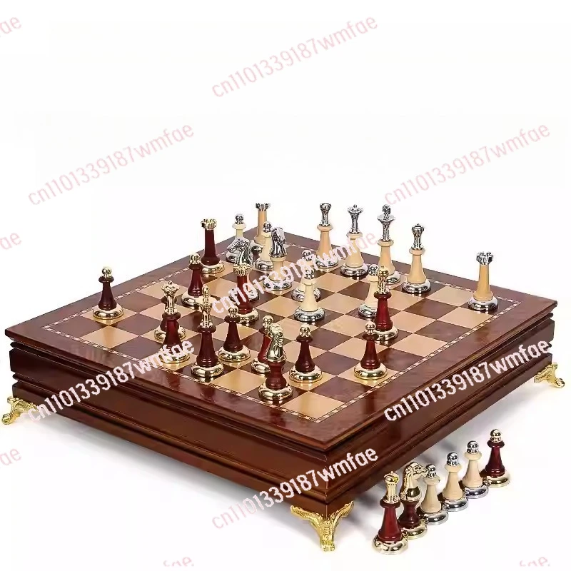 

High-end drawer-type chess solid wood chess pieces inlaid with metal chess desktop ornaments