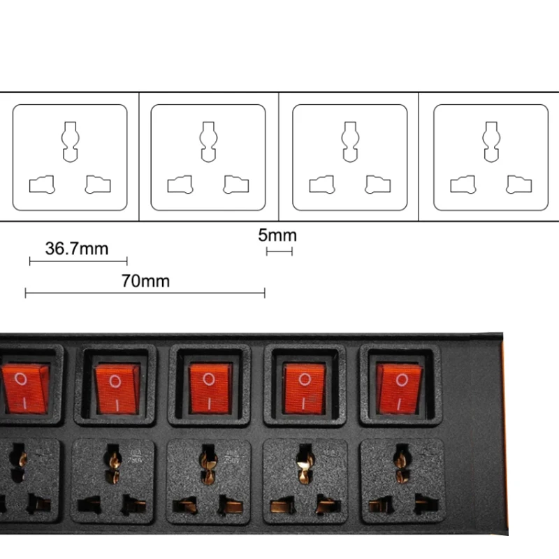 Imagem -04 - Power Strip Rede Armário Liga de Alumínio Independente Double Break Switch Soquete 10ac 10a Universal 2m Cabo de Extensão