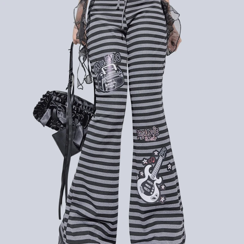 กางเกงขายาวทรงกระดิ่งเอวยางยืดลายทางสไตล์เรโทรสุดหวานเท่สำหรับผู้หญิง  คอลเลคชั่นฤดูใบไม้ร่วง-ฤดูหนาว  ช่วยพรางหุ่น