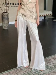 CHEERART Glitter Pleated White Wide Leg Pants Fall Fashion Women 2024 Long Trousers Mid Waist Flare Pants Night Club