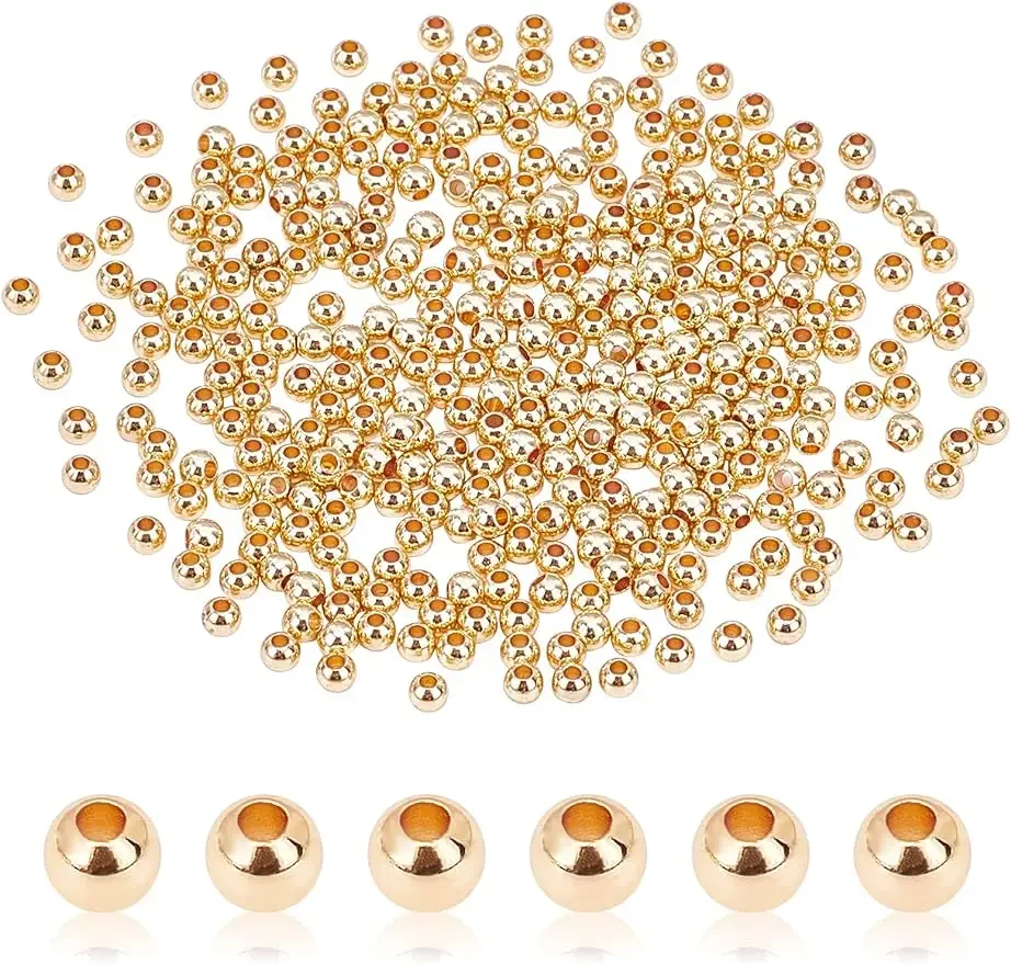 14K Gold Spacer Beads 300pcs Smooth Round Beads 3mm Seamless Ball  Brass Loose Beads Metal for Summer