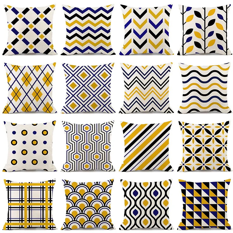 Yellow Geometric Linen Cushion Cover 45X45 Gray Striped Decorative Pillowcase Blue Plaid Sofa Cushions Nordic Home Decor