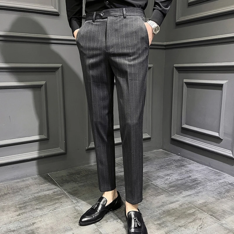 

2023 Autumn Striped Pants Men Slim Fit Casual Business Suit Pants High-quality Office Social Dress Pants Wedding Party Trousers