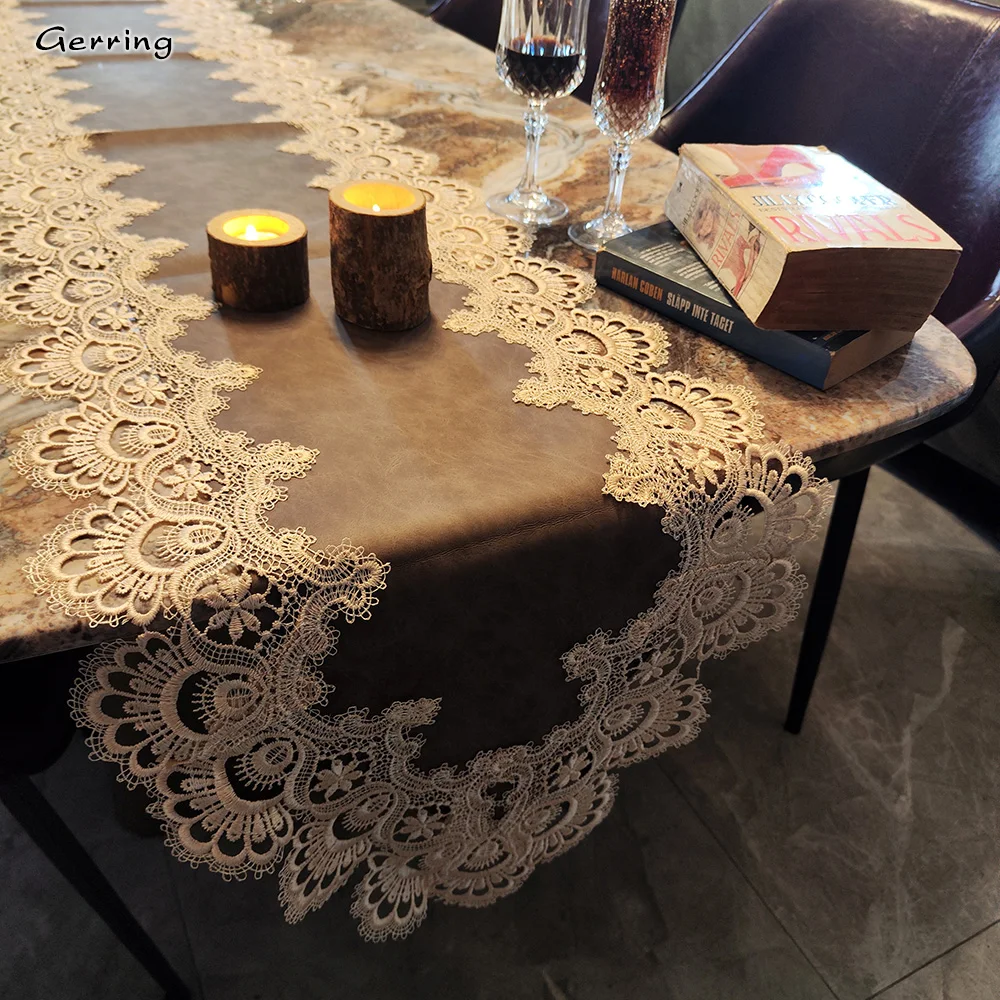 Gerring European Table Flag Waterproof And Oil Proof Wash Free Luxury Lace Tablecloth TV Cabinet Dust Cover Brown Table Runner