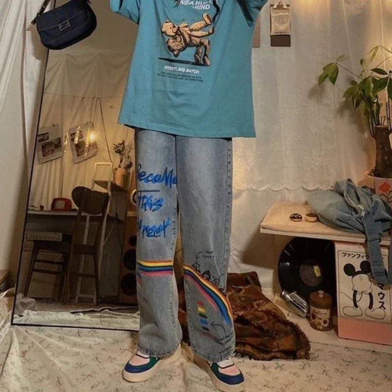 

Female Cotton Cargo Pants Streetwear Loose Summer Harajuku Oversized Jeans Blue Rainbow Women Streetwear Straight Jean Trousers