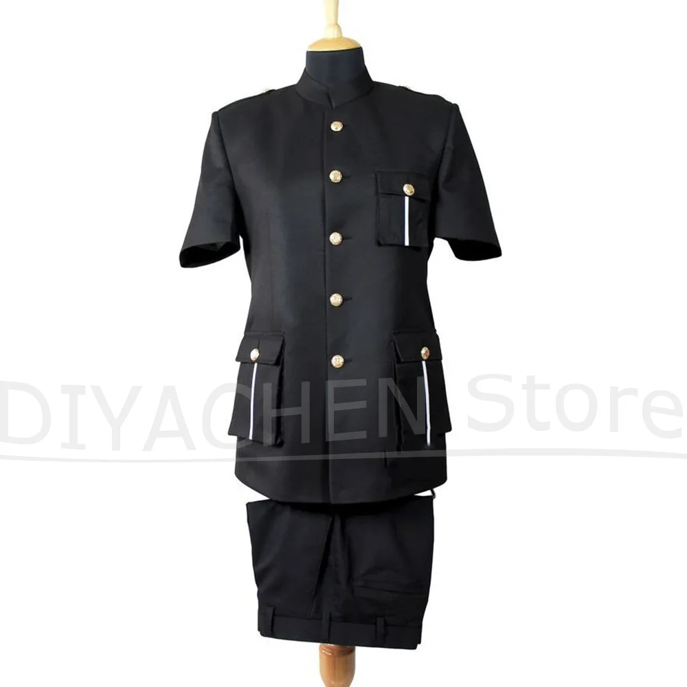 

Fashion Men Black Suit 2 Piece Set Short Sleeve Mandarin Collar Blazer with Pants Formal Wedding Party Smart Casual Outfit