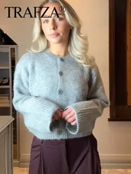 TRAFZA Woman Single Breasted O-Neck Warm Slim Sweater Top Autumn Fashion Women Grey Long Sleeves Knitted Short Cardigan Mujer