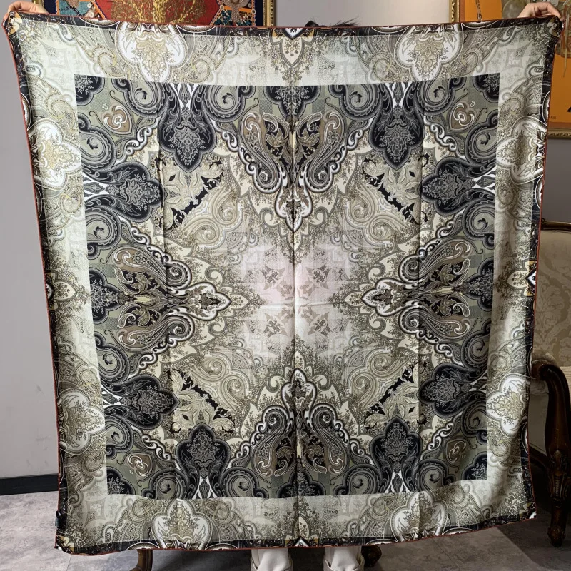 New Luxury 30% Silk 70% Wool Scarf 135x135cm Big Size Women Square Scarf Designer Floral Shawl Winter Warm Wrap Pashmina Bandana