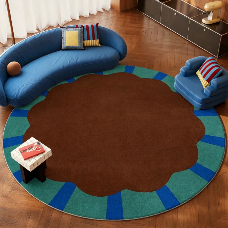 Round Living Room Carpet Stain-resistant Dirt-resistant Floor Mat Brown Geometric Pattern Rug Large Size Retro Home Decor Rugs