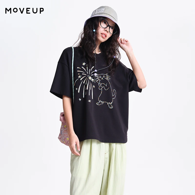

Футболка MOVEUP Fun с разноцветной вышивкой, весна 2026, хлопок, круглый вырез, изогнутый подол, повседневная городская футболка для женщин 3ELC10532