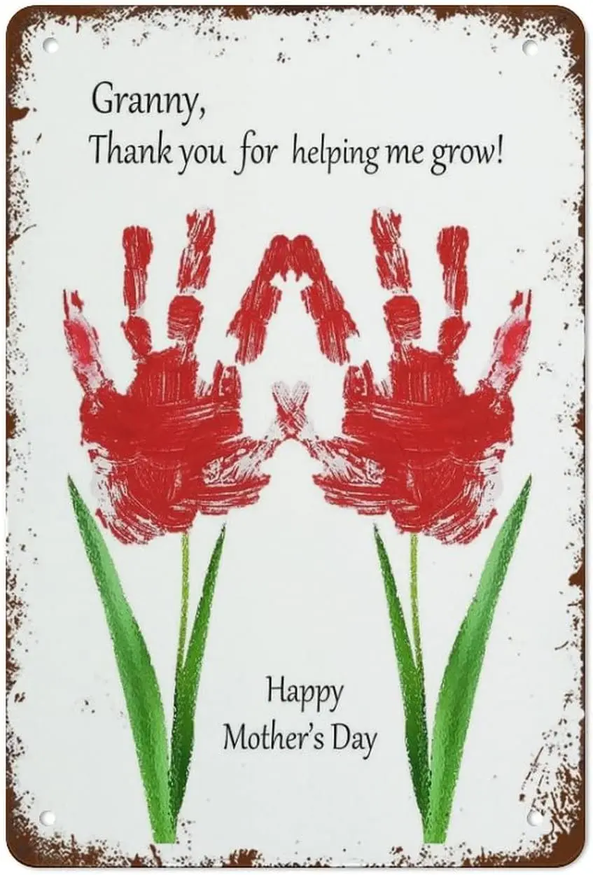 Granny Thank You for Helping Me Us Grow Flower Handprints DIY Happy Mothers Day Handprint Keeps Vintage Tin Sign Metal Sign Retr