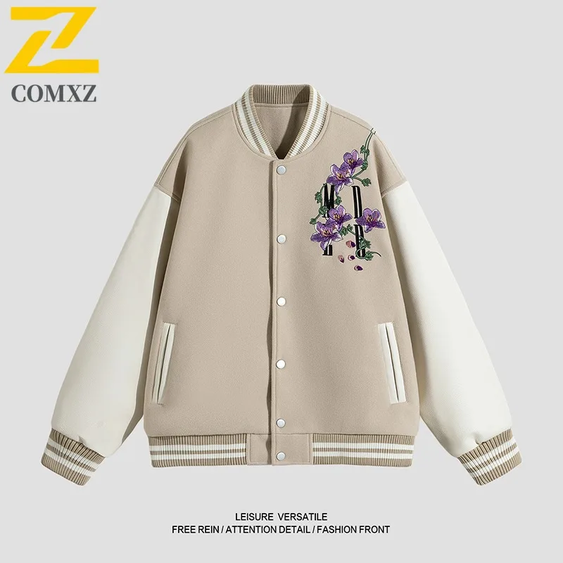 COMXZ Autumn Mens Baseball Jacket Casual Solid Color Printed Embroidery Windproof Coat Outdoor Streetwear Trendy Windbreaker