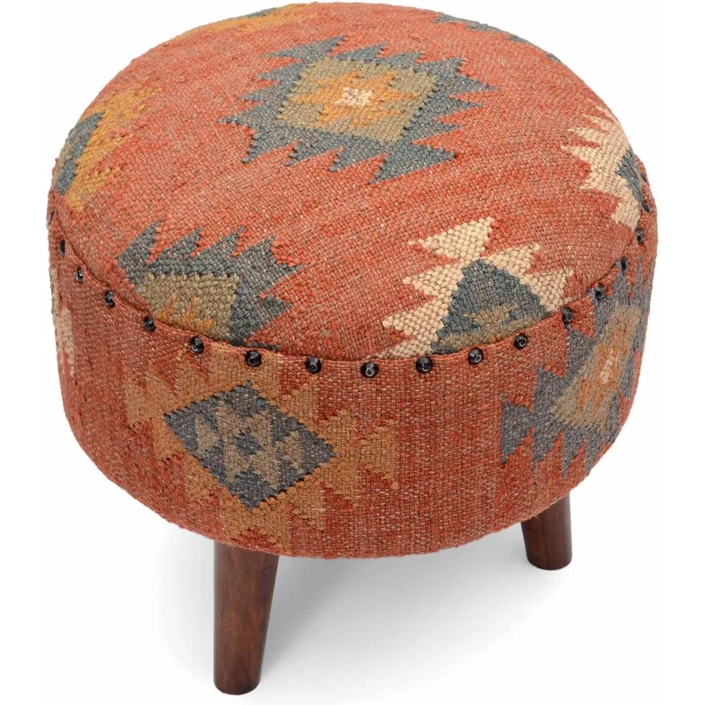 Pouf Ottomans en Jute Kilim fait à la main, tabouret de siège en bois pour salon, chambre (16" P x 16" L x 16" H) (rouge)