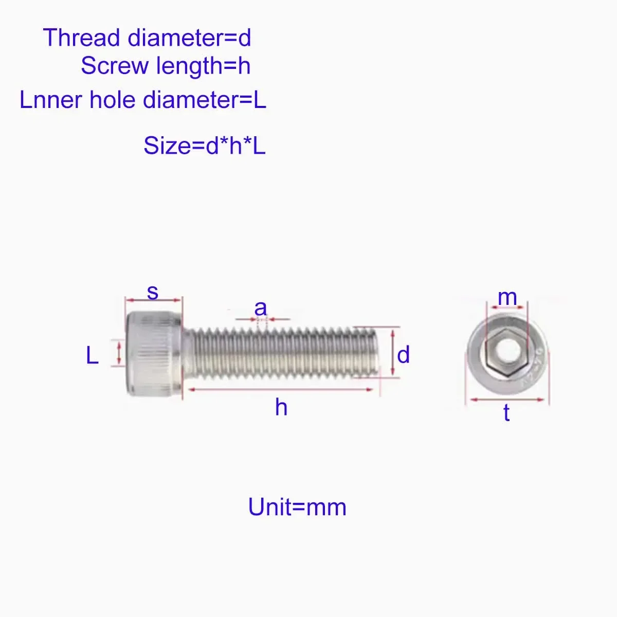 

304 Stainless Steel Hexagonal Hollow Screw Lamp Threading Fastener M6M8M10