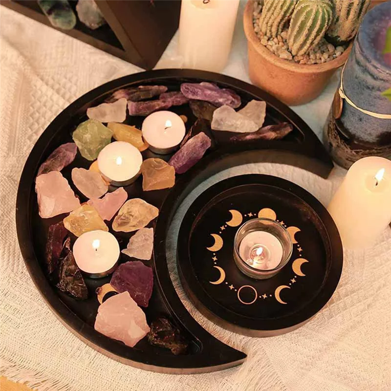 

A20F-Useful Decor Tray Moon Tray Wood Round Decoration Wooden Aromatherapy Essential Oil Tray
