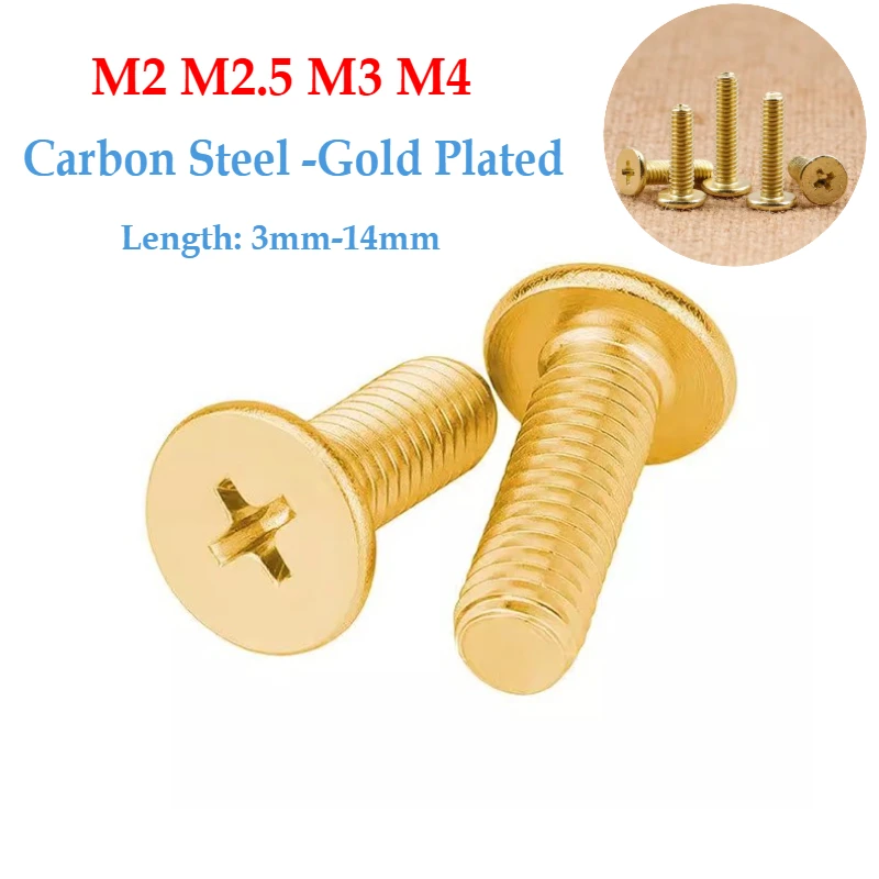 25/50/100pcs M2 M2.5 M3 M4 Gold Plated Carbon Steel Cross Phillips Ultra Thin Flat Wafer Head Screw CM 3mm-14mm