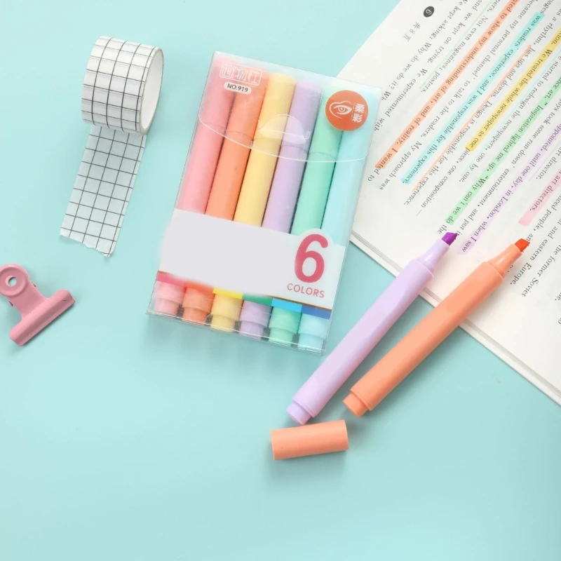 Fluorescence Highlighter Pen 6 Color Obliqued Tip Highlighter Marker Set, Water-Based Smooth for Note Taking, Study F19E
