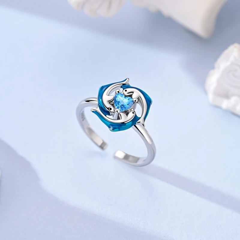925 Sterling Silver Adjustable Size Rings Blue Zircon Rotateable Surround Dolphin Open Rings For Women Jewelry Gift