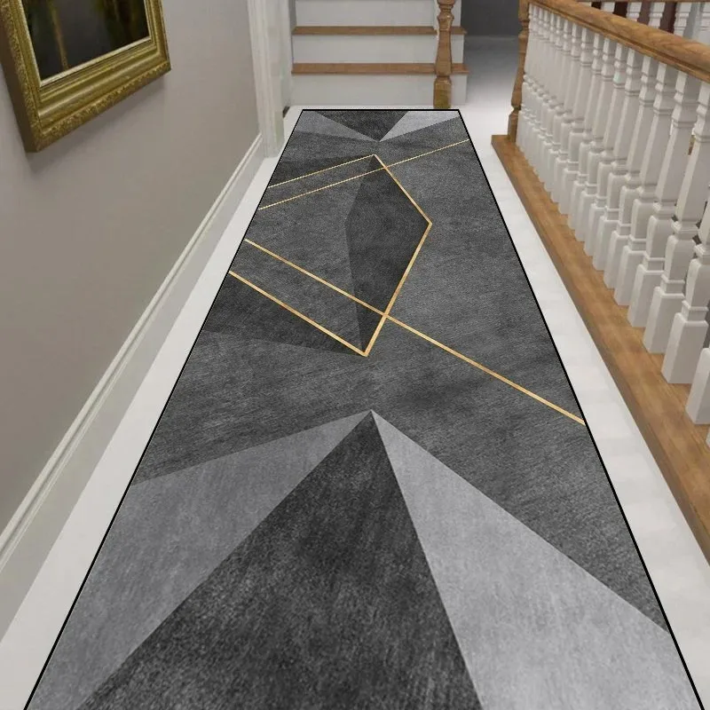 Modern Geometric Hallway Runner Rug Grey Gold Lines Abstract Long Area Carpet for Living Room Kitchen Entrance Non-Slip