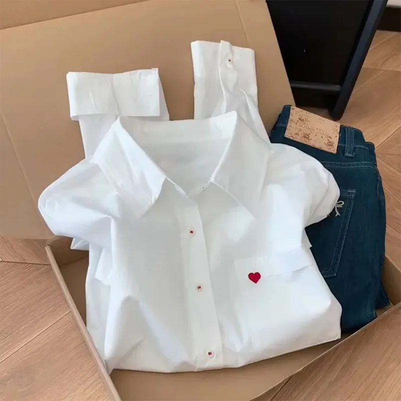 

Корейская женская рубашка с вышивкой и воротником в стиле Commute Love, универсальная, для многослойных образов, весенняя, белая, с длинным рукавом, модный топ