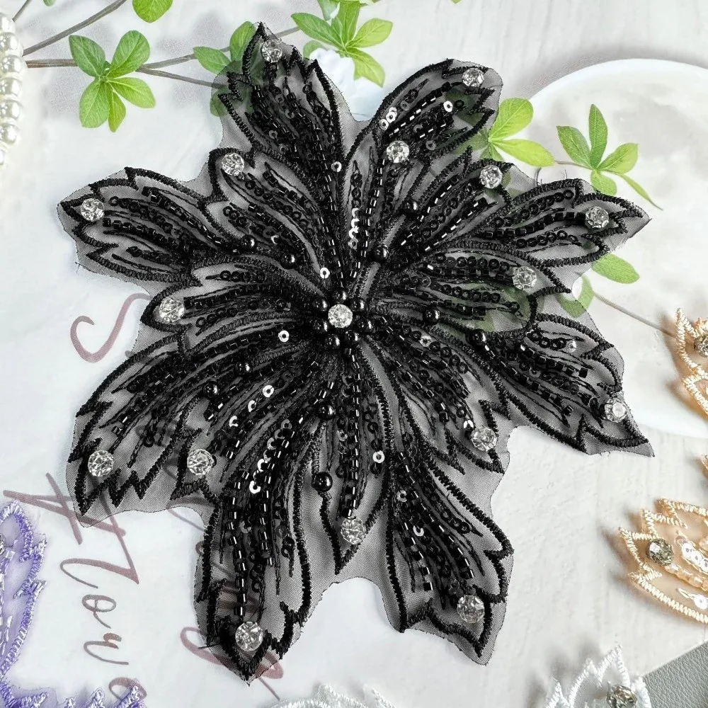 Colorful Beaded Flower Applique Heavy-duty Dress Decoration Clothing Fabric Patches Beaded Organza Sewing Material