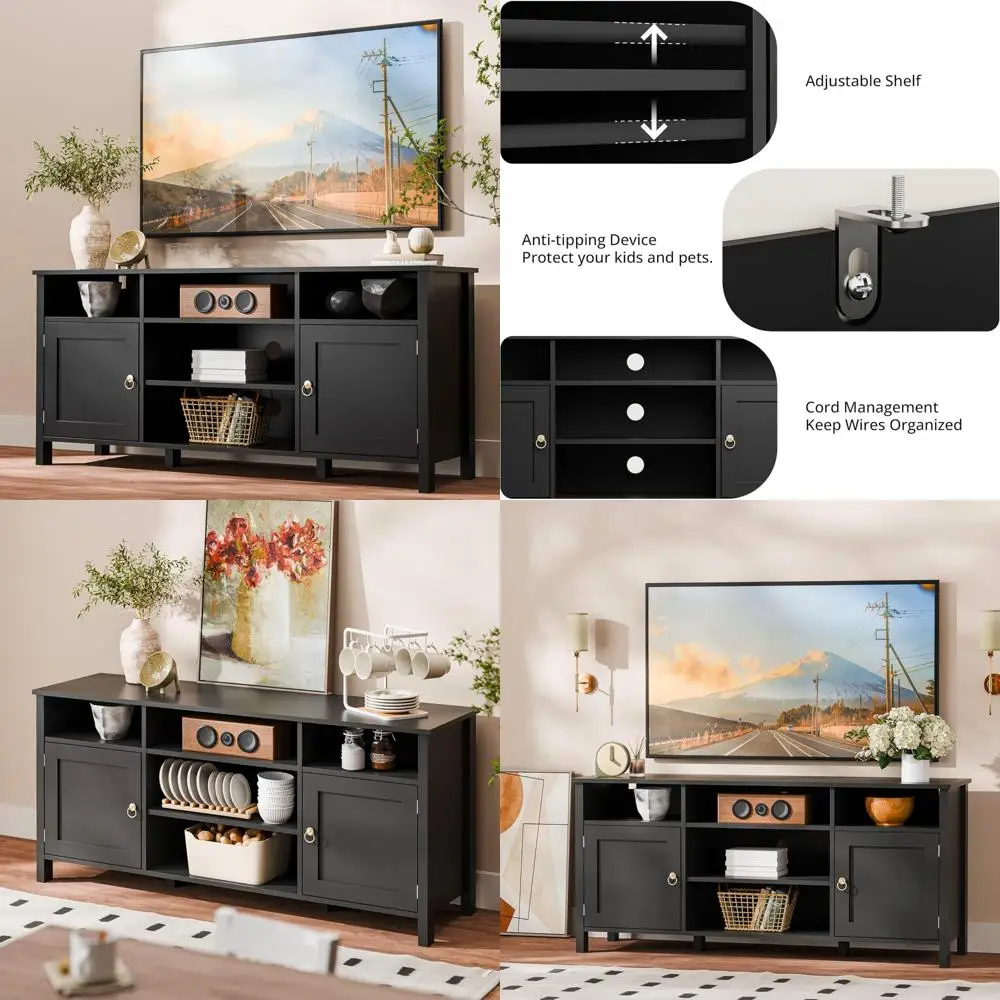 65 Inch TV Entertainment Center with Barn Door Storage Cabinet and Cable Management