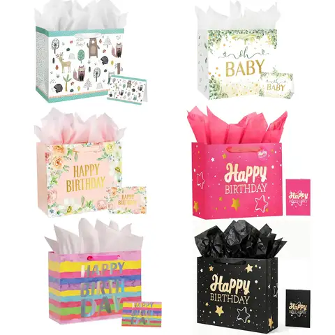 Grande saco de presente de feliz aniversário saco de presente colorido para crianças ou saco de presente de feliz aniversário da mãe para homens e mulheres, sacos de presente tamanho médio
