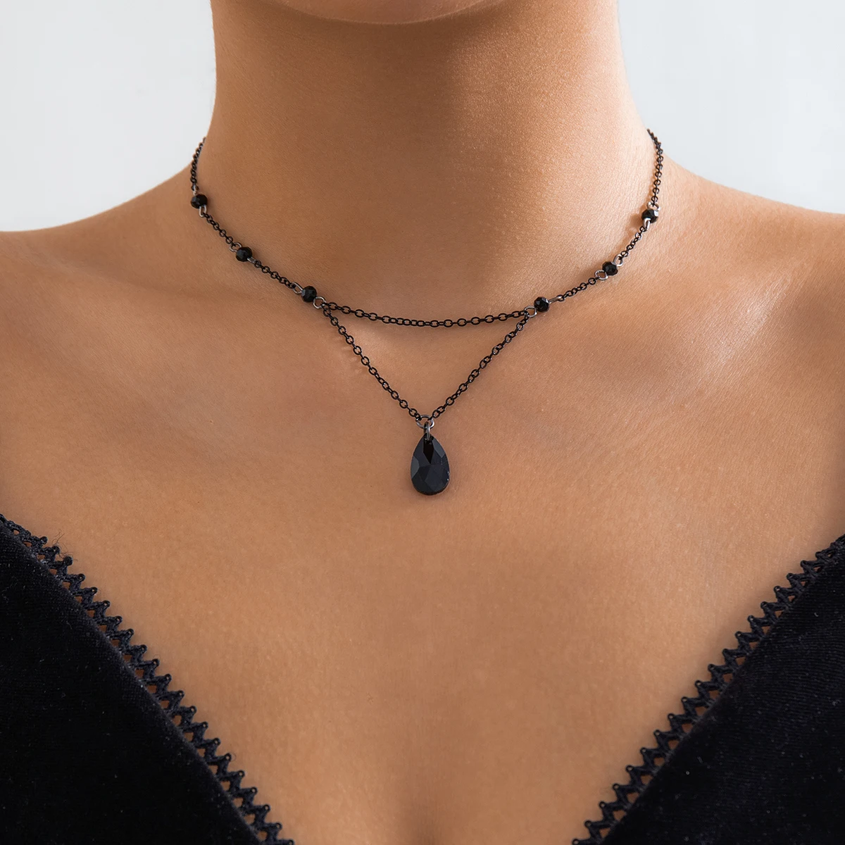 Ingemark mehr schicht ige schwarze Wasser tropfen Kristall Anhänger Choker Halskette Frauen Kragen Vintage Link Choker Y2k Schmuck Zubehör – Detail 6