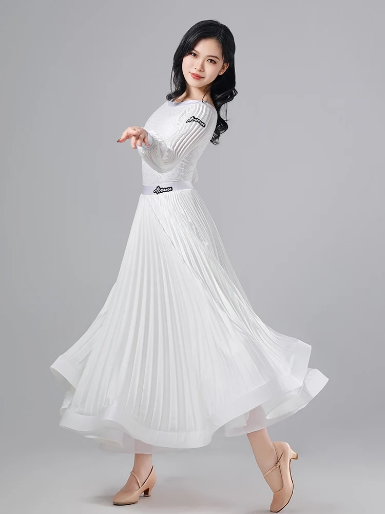 2024 Children Modern Dance Dress For Girls White Long Sleeved Waltz Skirt Suit Chacha Ballroom Dance Performance Wear DQS16950