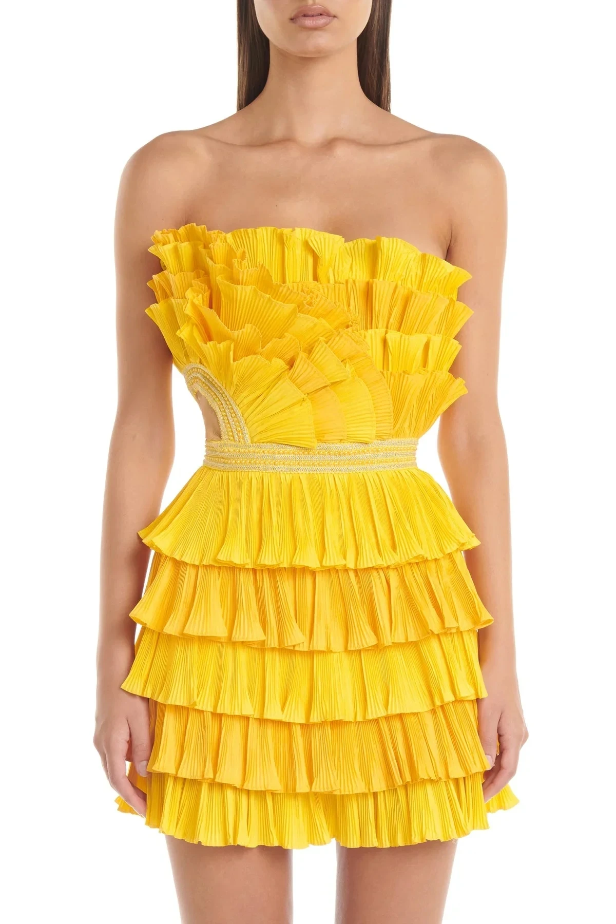 Ombre Lemon Yellow Prom Gowns Beaded Pleated Fashion Short Party Dress Mini Length Sheath Prom Dresses Strapless Off Shoulder