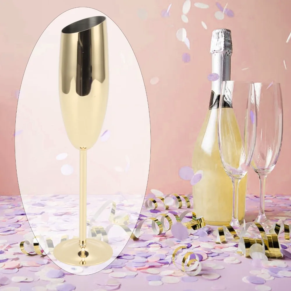 Unbreakable 304 Stainless Steel Metal Goblet Gold Plated Rust Proof Long Stem Cup Bevel Mouth Gold Champagne Glass Wedding Party
