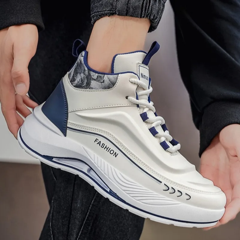 Trendy Men's Sneakers Outdoor Elastic Breathable Men Running Shoes Spring High Top Leather Anti-Slip Walking Footwear Zapatillas