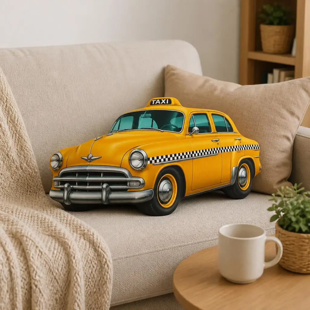 Vintage Yellow Taxi Car Plush Pillow Cab Throw Cushion Stuffed Shaped Accent for Travel Lovers Urban Home Decor Sofa Gift