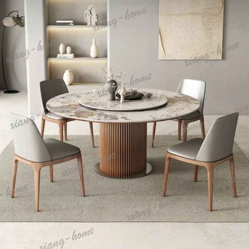 LJY Nordic Wabi‑Sabi Round Dining Table Wooden Fluted Base Sintered Stone Dinner Table with Built‑in Lazy Susan for Home Dining